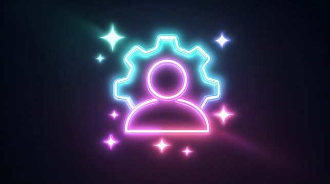 Glowing neon symbol representing user configuration and settings shines brightly against a dark background.