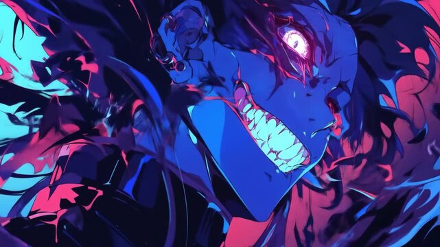 Animated looping anime style person with glowing eyes half monster