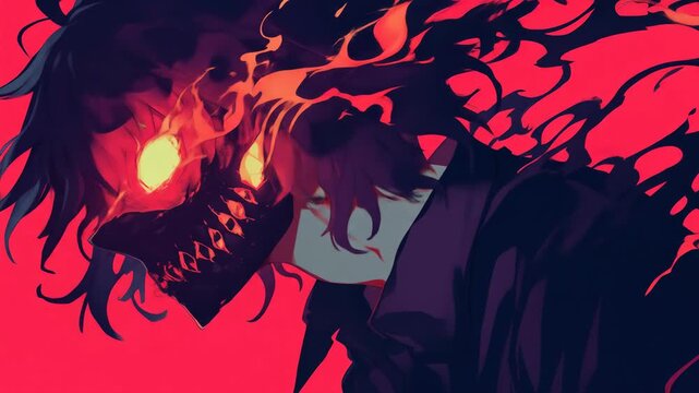 Anime style person with glowing eyes half monster motion animated looping
