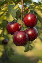 Four dark red apples hanging separately on a tree branch