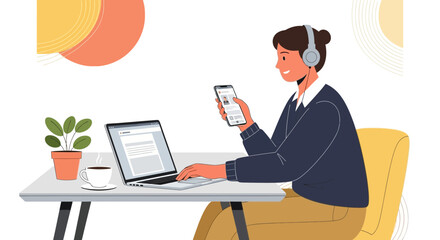 A Person Working With a Laptop, Smartphone, Headphones, and a Cup of Coffee