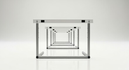 Repeating desks diminish into a vanishing point against a white backdrop