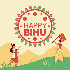Happy Bihu celebration illustration showing Assamese men playing traditional drum and pepa with floral motifs, representing the vibrant harvest festival of Assam.