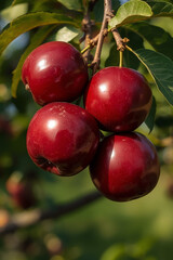 Four dark red apples hanging separately on a tree branch