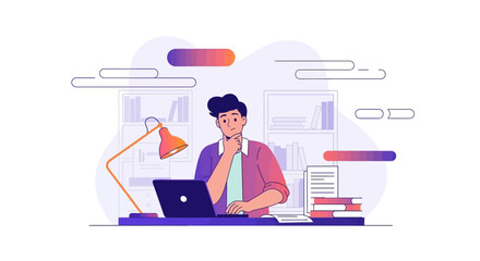 A Thoughtful Businessman Working on his Laptop in an Office Environment