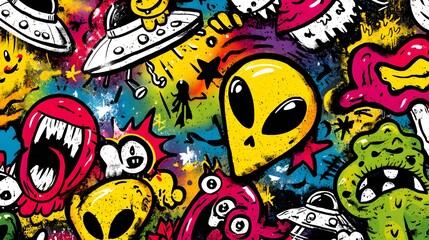 Cosmic Street Art Doodle with Graffiti Aliens