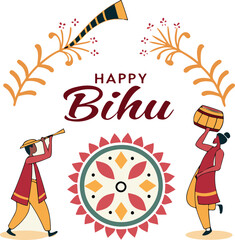 Minimal line art set of Bihu festival elements showing Assamese dancers, dhol, pepa, and Indian New Year folk motifs in simple elegant linear style