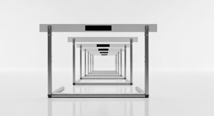 Repeating hurdles stretch into distance. Silver metal, neutral, minimalist