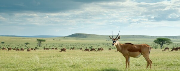 Majestic Antelope Grazing in Serene African Landscape Under Cloudy Sky