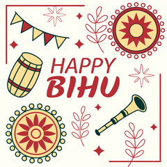 Colorful vector illustration of Bihu festival in Assam with traditional dancers, dhol players, and Assamese New Year ethnic celebration scene