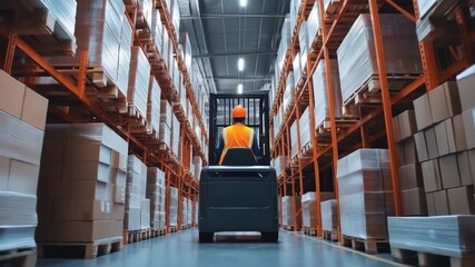A warehouse worker drives a forklift through neatly organized aisles of boxes in a spacious storage facility while managing inventory - Powered by Adobe