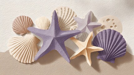 Assorted colorful sea life decorations rest upon a textured background of sand and paper.