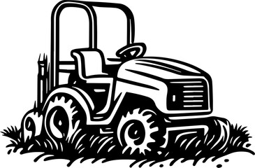 Modern tractor working in green farm field