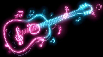 Illuminated stringed instrument outline glows with vibrant neon musical notation against a dark background