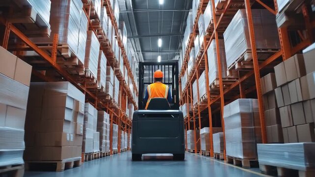 A warehouse worker drives a forklift through neatly organized aisles of boxes in a spacious storage facility while managing inventory