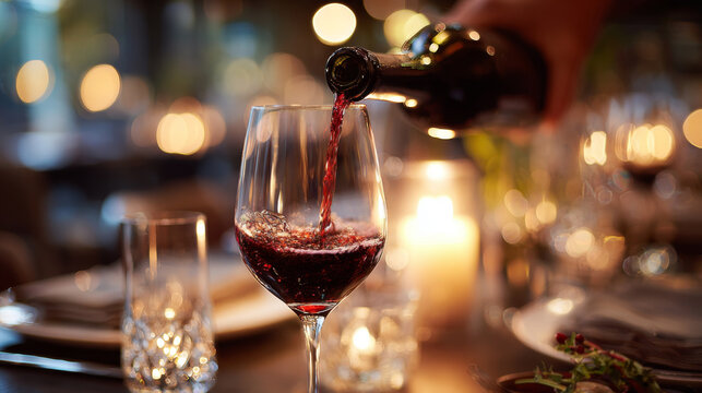 Red Wine Being Poured into Glass at Elegant Candlelit Dinner Table