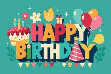 Modern birthday poster template design with colorful balloons, confetti, and typography layout for party invitation, celebration, and event promotion