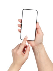 Woman hands showing smartphone with empty transparent screen. Minimalist mockup for mobile app, web design or digital product presentation in clean modern style. 