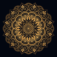 Premium golden mandala line art on black, elegant luxury ornament with floral ethnic motif for invitations and backgrounds