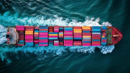 A cargo ship moves smoothly across the ocean, displaying colorful containers stacked on its deck against the vibrant blue water, aerial view
