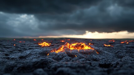 Fiery Lava Erupts from Ground Beneath Dark, Dramatic Sky