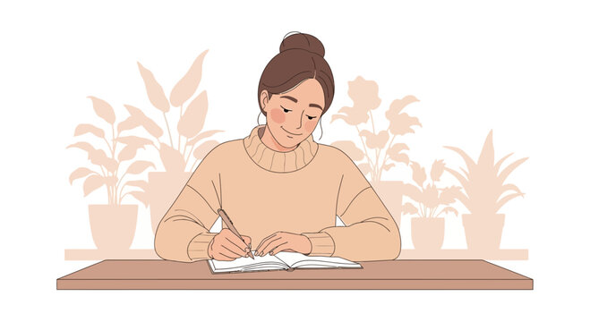 A woman writing in her journal surrounded by plants creating a cozy atmosphere graphic