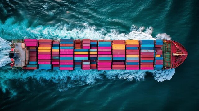 A cargo ship moves smoothly across the ocean, displaying colorful containers stacked on its deck against the vibrant blue water, aerial view