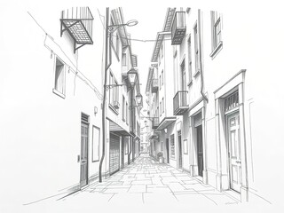 Charming Alleyway with Balconies and Street Lamps: A Sketch of Old European Architecture