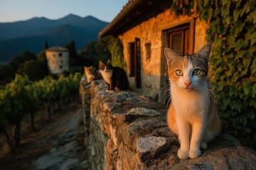 Cats relaxing on a stone wall during sunset near a vineyard and mountains in a rural setting