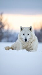 Naklejka premium Majestic white Arctic wolf resting in a snowy winter landscape.
