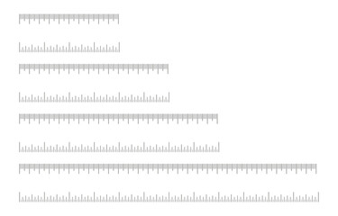 Charts 10, 15, 20, 30 centimeters, 4, 6, 8, 12 inches. Scales icon set. Measuring tools. Scale for ruler in centimeters, inches. Inch, metric rulers. Metrics indicator samples cm, inch. 