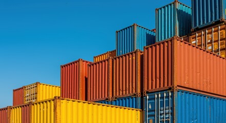 colorful stacked shipping containers under clear blue sky in industrial area