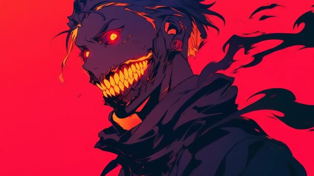 Anime style person with glowing eyes half monster motion animated looping