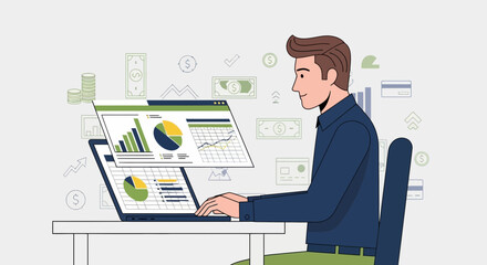 Fototapeta premium Businessman Analyzing Financial Data on a Laptop and Working on Business Strategy