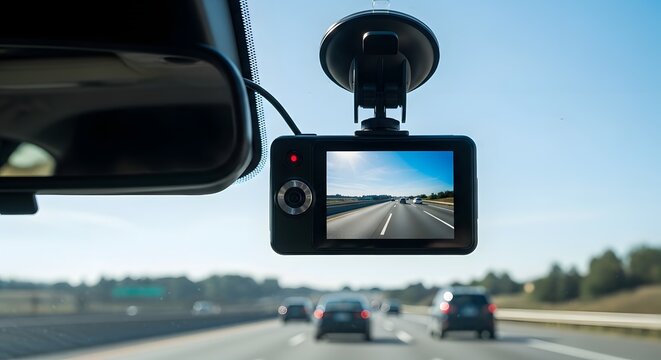Scenic road trip perspective captured by dashboard camera on highway for travel and safety