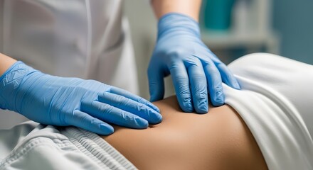 Medical examination of patient's abdomen by doctor wearing blue gloves for health assessment and diagnosis