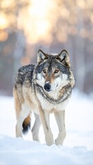 Fototapeta premium Majestic gray wolf standing in a snowy winter forest at sunrise.