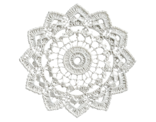 Intricate white crocheted doily, circular with a floral design and delicate lace