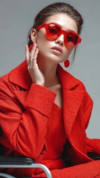Confident fashion model wearing a red outfit and sunglasses, posing in a wheelchair during a studio photoshoot. The image promotes inclusive fashion and representation of people with disabilities.