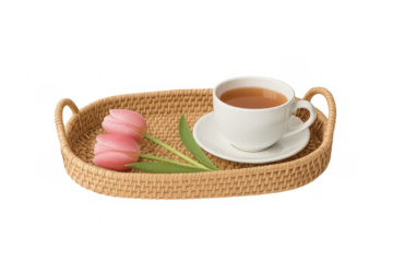 Wicker tray holding hot tea cup and pink tulips