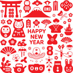Red Flat Vector Collection of Japan New Year Lucky Charms and Symbols