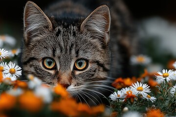 Cat exploring a vibrant flower garden during the afternoon light in a serene backyard setting