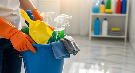 House cleaning supplies with buckets and gloves for domestic chores and hygiene routine in a bright interior setting