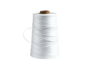A tall, white cone of thread with a brown top and small metal handle