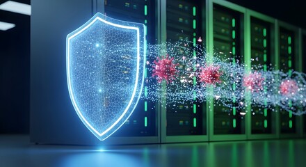 Cybersecurity shield protecting servers from digital threats in a data center environment