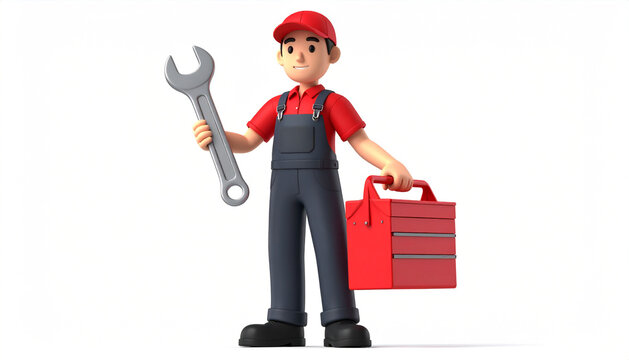 3D Mechanic Character Holding Wrench and Toolbox     