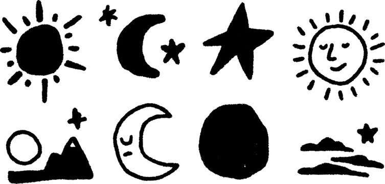 Sun, star, and moon silhouettes in a hand-drawn style. Simple black outline vector illustration set for artistic designs.