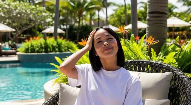 Jovem mulher asi&aacute;tica sentada no quintal arrumando o cabelo e sorrindo. Momentos de lazer.