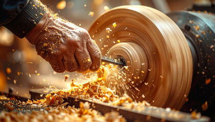 craftsman’s hand using a chisel on a spinning wooden piece on a lathe machine