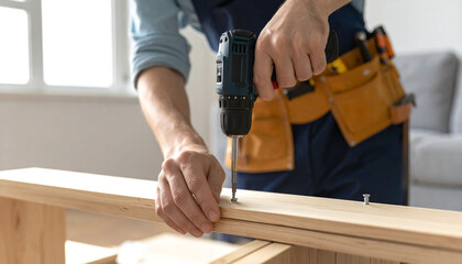 Carpenter Assembling Furniture with Screwdriver    
